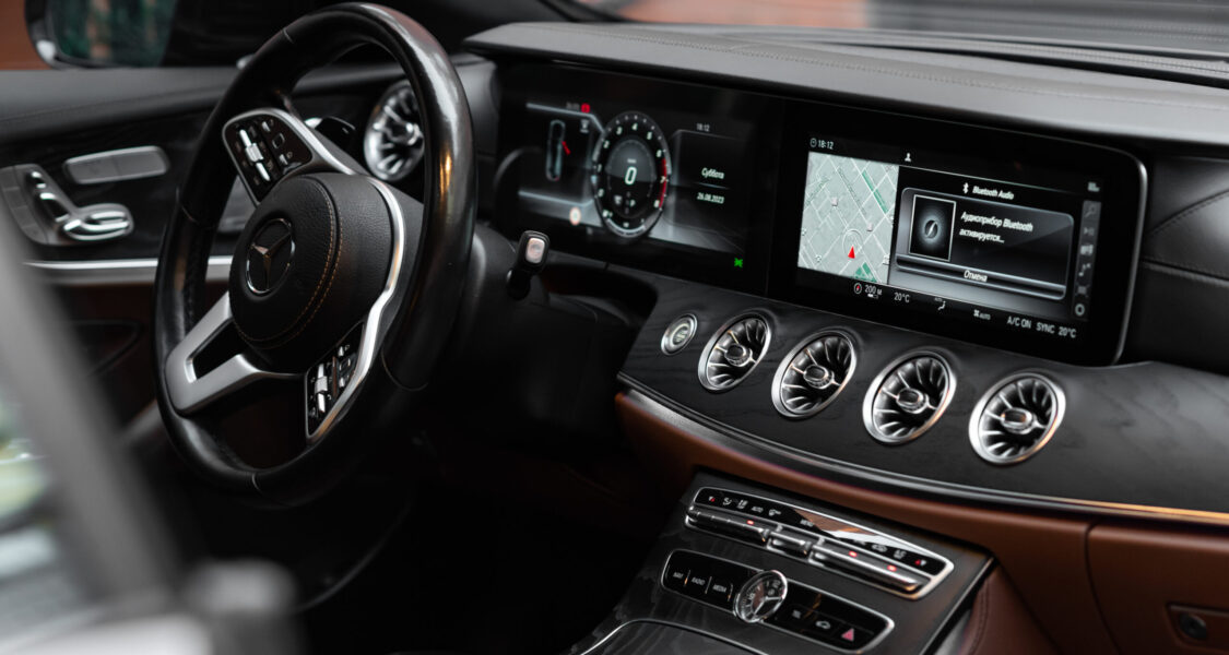 Mercedes-Benz E 200. Interior inside the car. Line of cars from the German automaker Mercedes-Benz. Rostov-on-Don 26aug2023